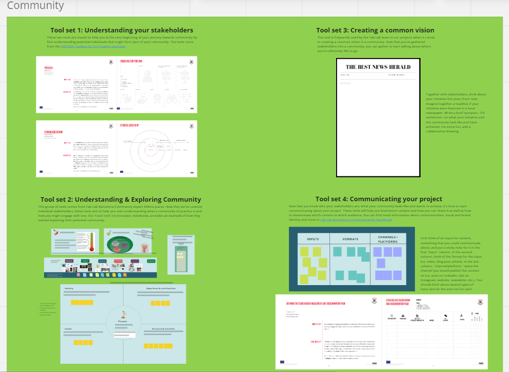 a screenshot on a green canvas including four groups of tools to help users engage with communities